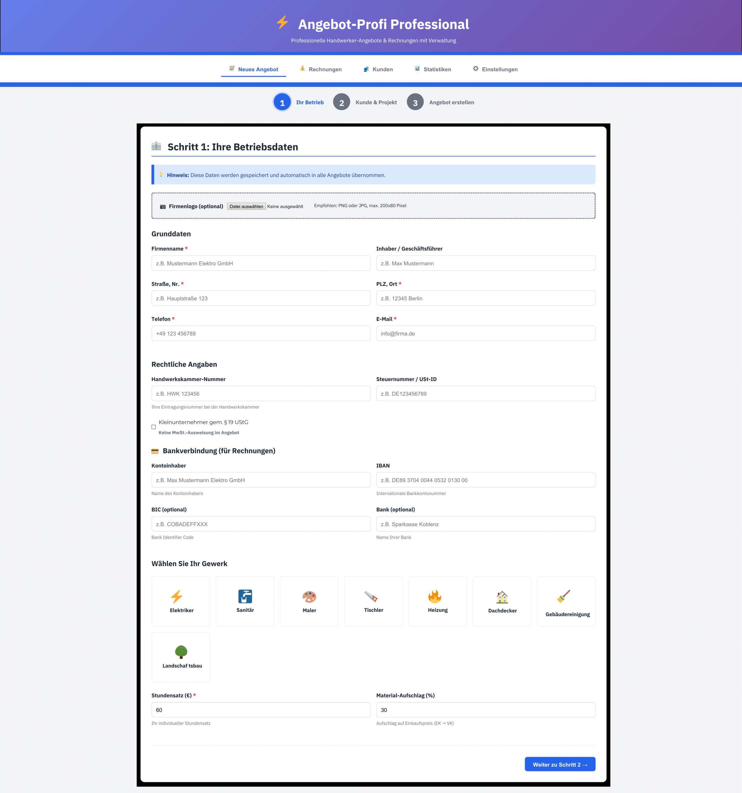 Dashboard der Angebotssoftware für Handwerker mit Angeboten, Rechnungen und Kundenübersicht