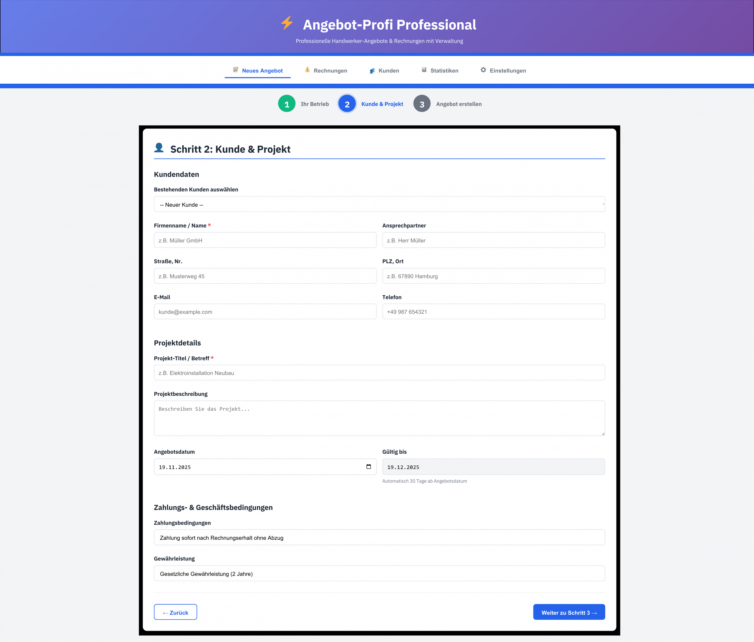 Maske zum Anlegen von Kunde und Projekt in der Angebotssoftware für Handwerker